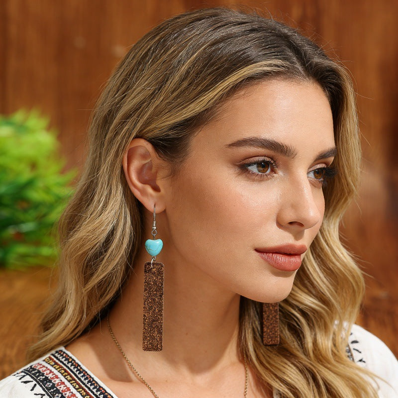 Wholesale Natural Cork Turquoise Long Pendant Western Cowboy Earrings