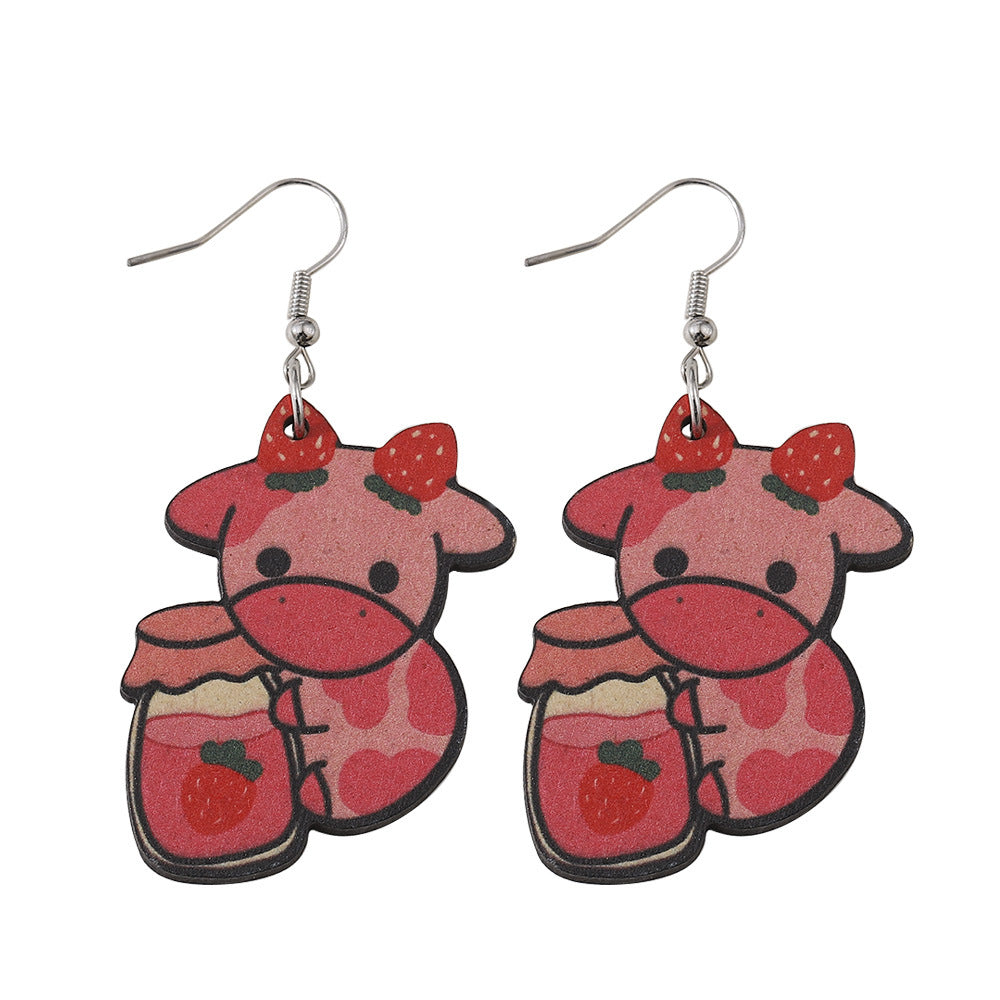 Wholesale Cute Cartoon Strawberry Cow Double-sided Wooden Earrings