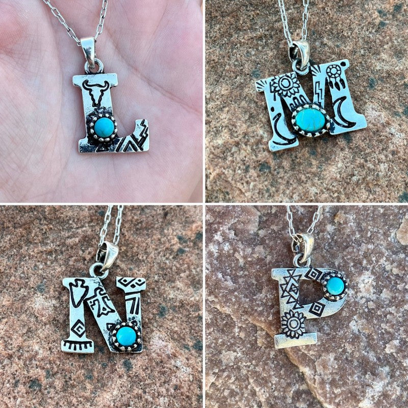 Wholesale retro turquoise 26 letter necklace