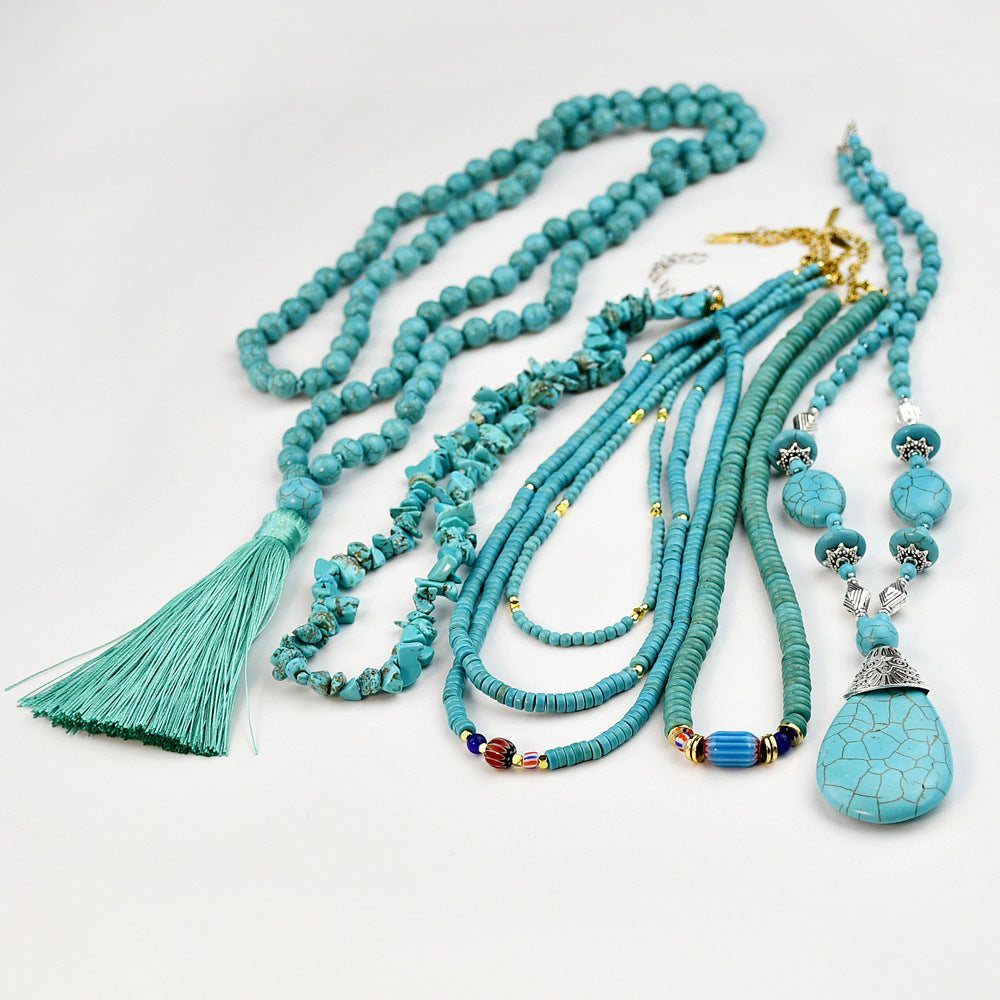 Wholesale Long Ethnic Style Turquoise Beaded Sweater Chain Necklace