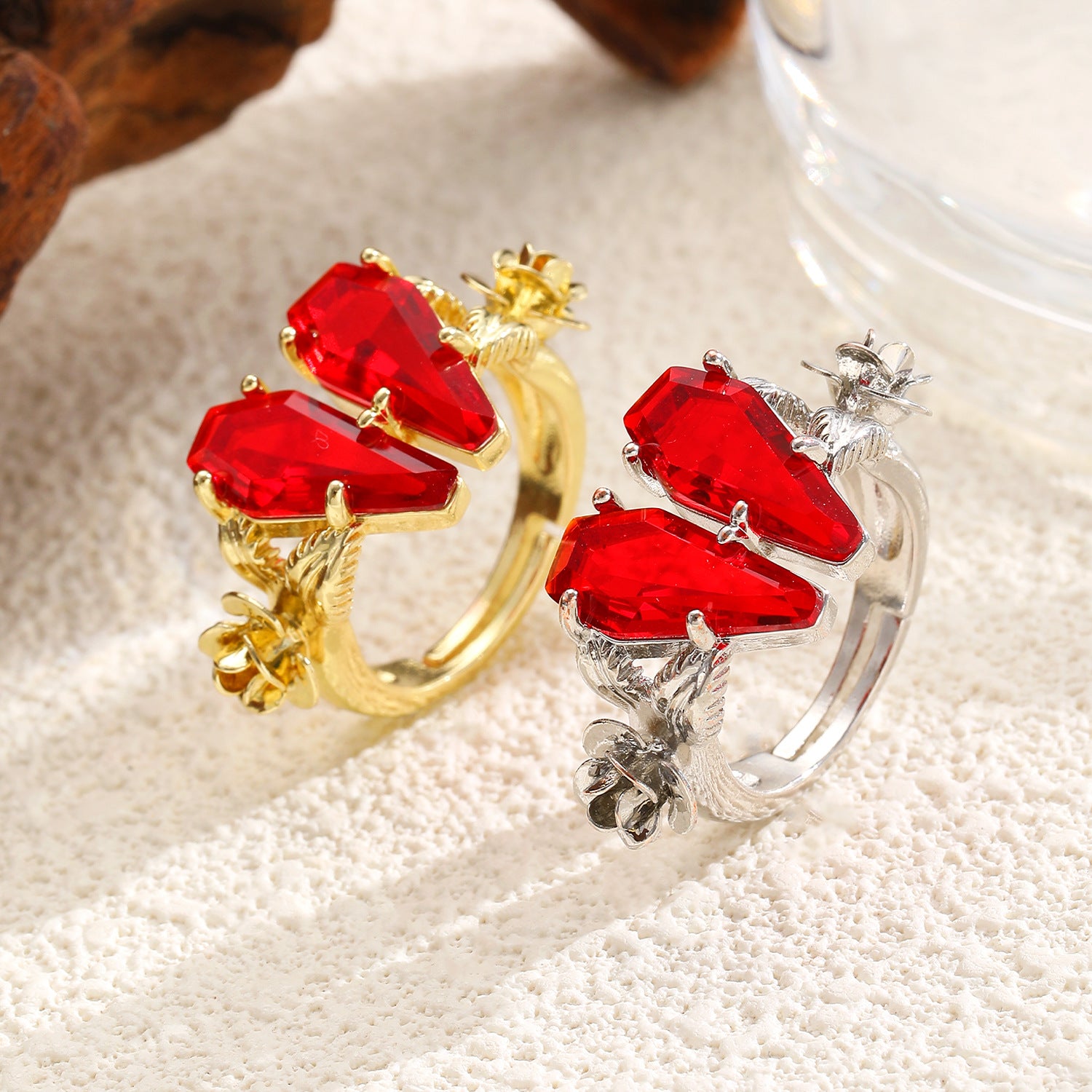 Wholesale Copper ring with zircon-encrusted rose and heart design adjustable opening