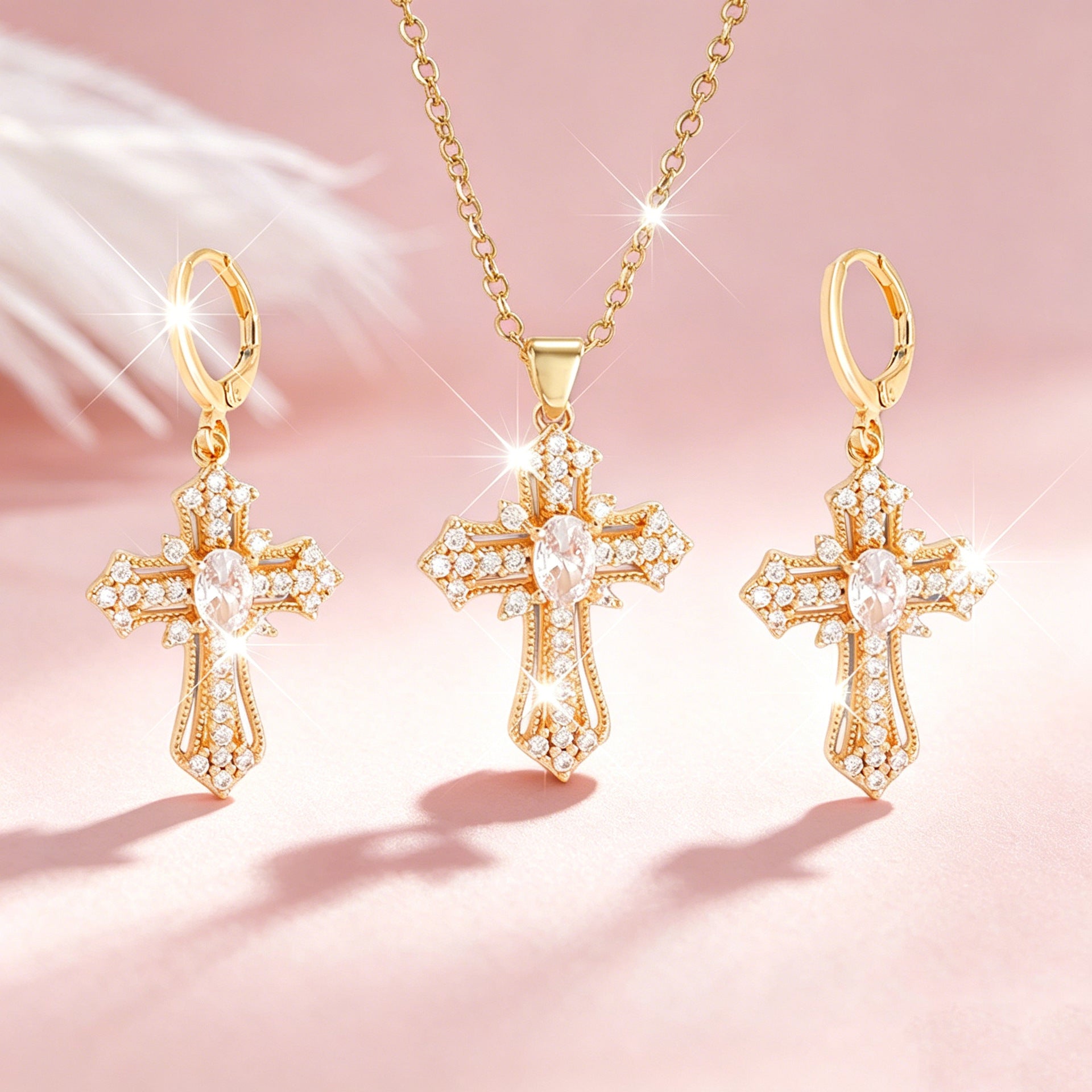 Wholesale Vintage Cross Pendant Necklace And Earring Jewelry Set With Rhinestone Details Fashion Jewelry Accessory For Party Wear And Gift