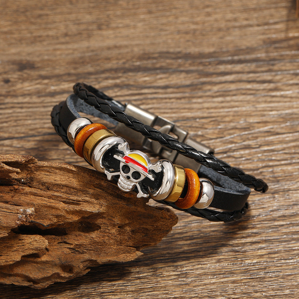 Wholesale Punk Skull Beaded Leather Bracelet Unisex Handmade Jewelry Accessory Gift