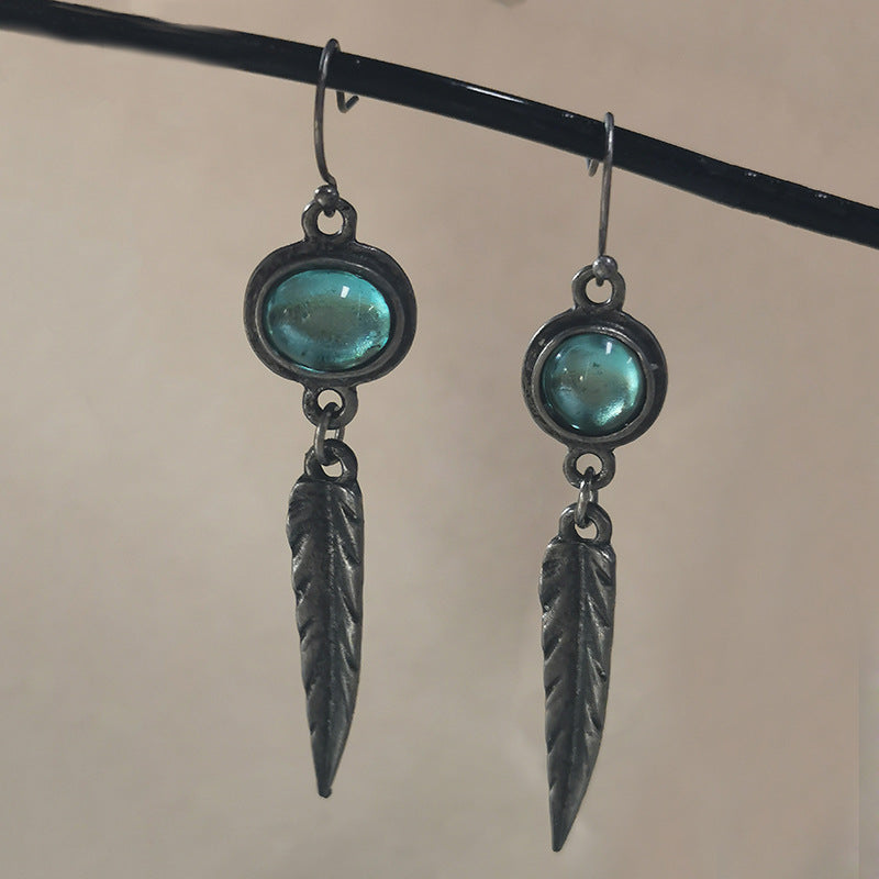 Wholesale Retro blue stone feather pendant earrings