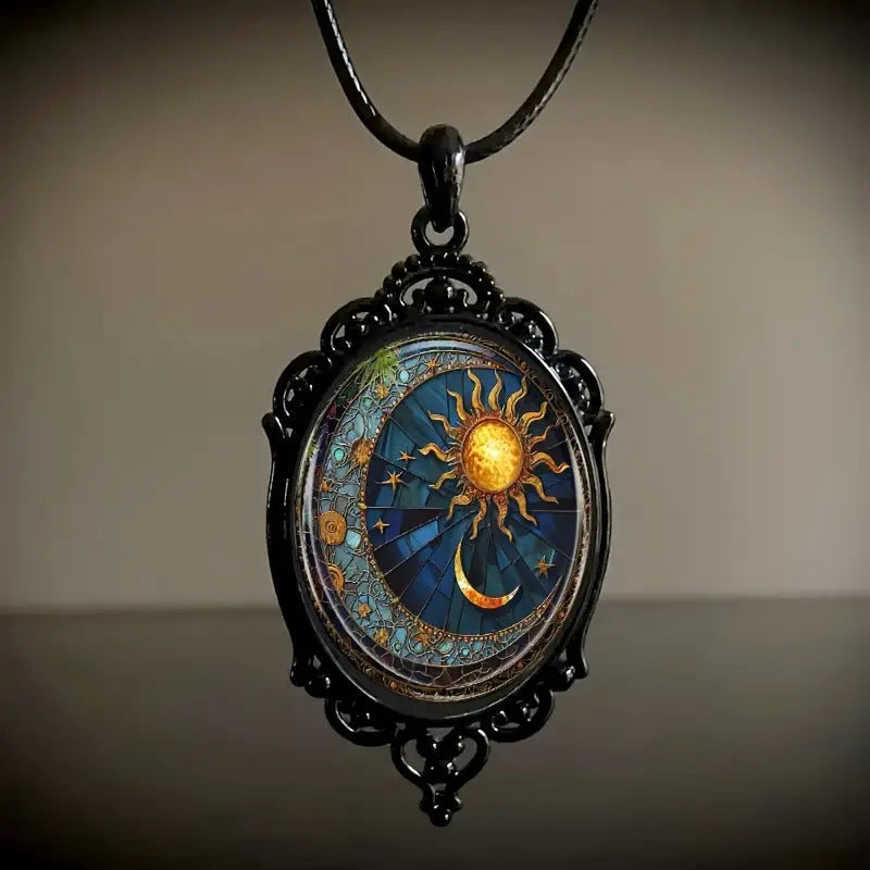 Wholesale Oval Glass Pendant Necklace Sun Moon Black Frame Jewelry Accessory