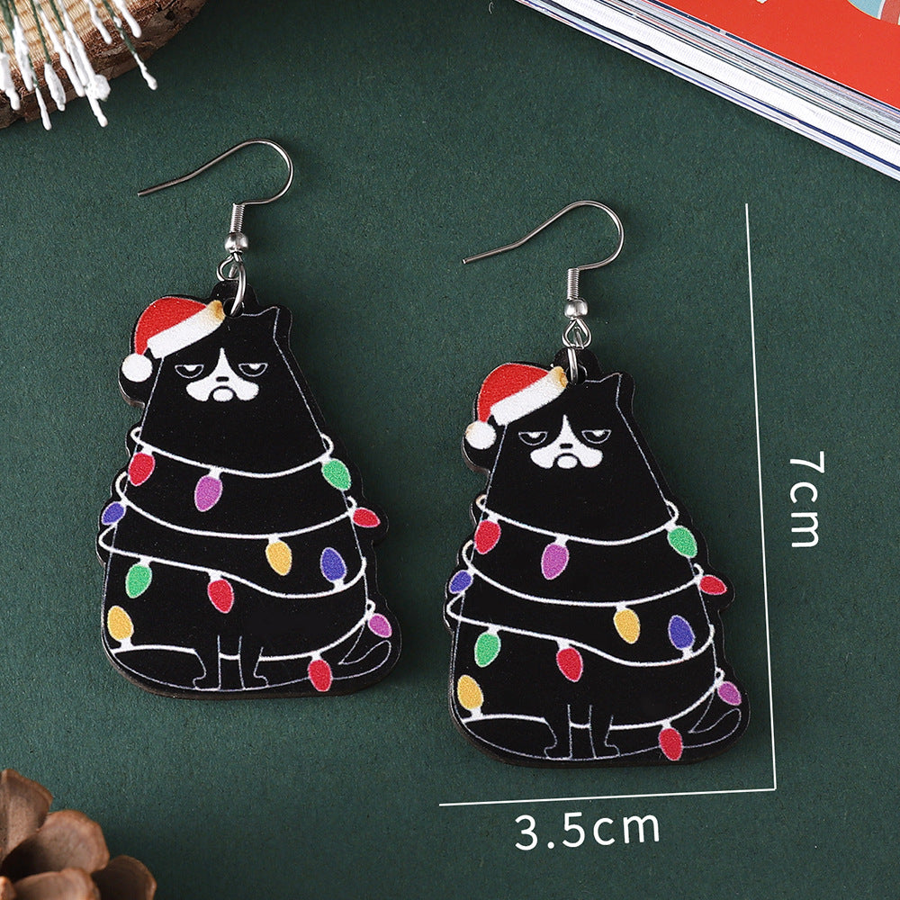 Wholesale Christmas Lantern Black Cat Christmas Tree Pendant Earrings Wooden