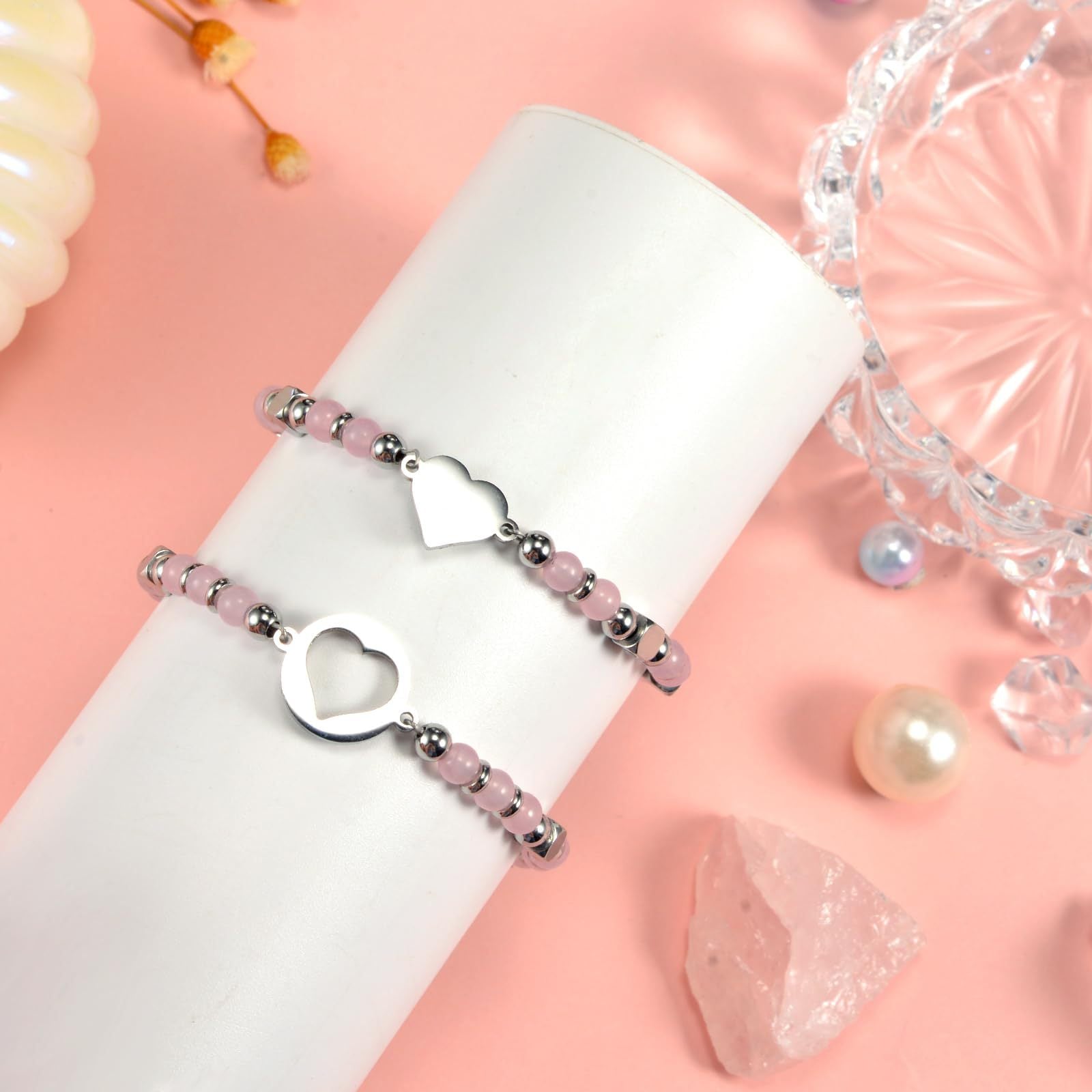 Wholesale 4mm Rose Quartz Stainless Steel Heart Bracelet Set