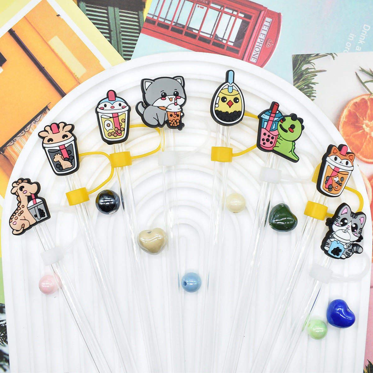 Wholesale Random 100pcs Cartoon Animal Milk Tea Cup 10mm PVC Soft Straw Tube Cap ACC-SCR-RYY084