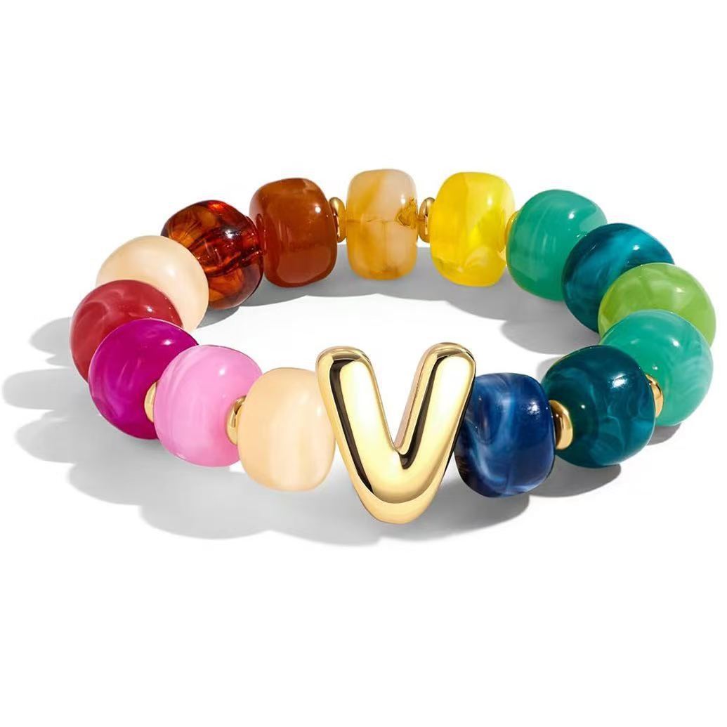 Wholesale 2026 Amazon Cross-Border Colorful Beaded 26 Letter Bracelet for Women,  Resin,  Fashionable and Unique,  High Elasticity Bracelet