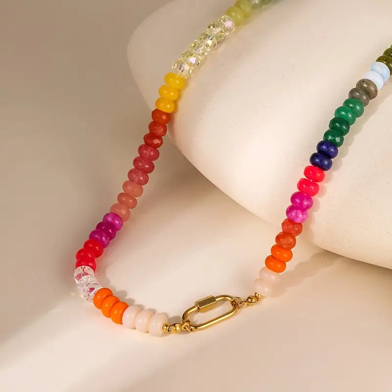 Wholesale  Rainbow Color Natural Stone Necklace  Bohemian Beaded Beach Necklace