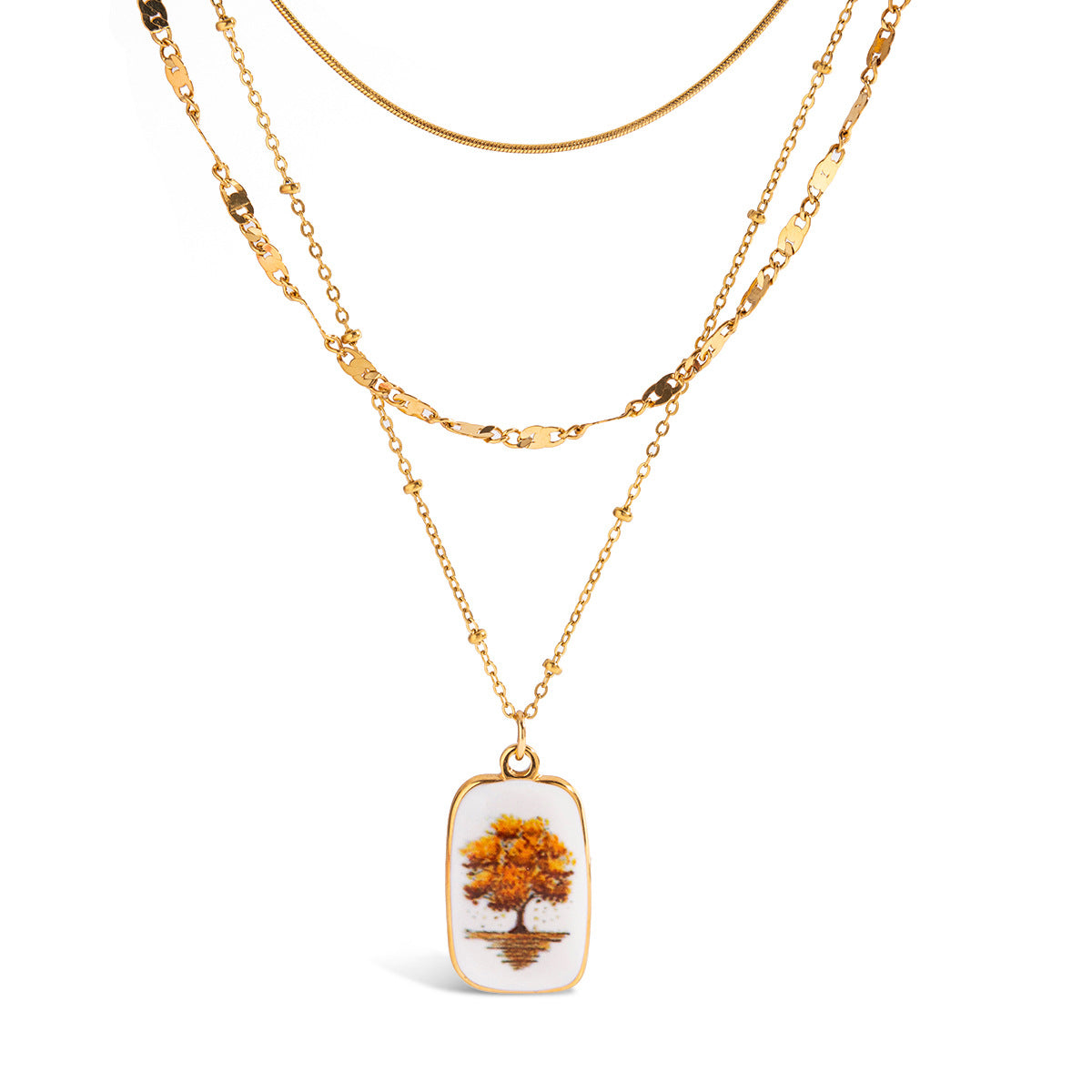 Wholesale 18K Gold Stainless Steel Three-Layer Printed Tree of Life Multi-Layer Necklace