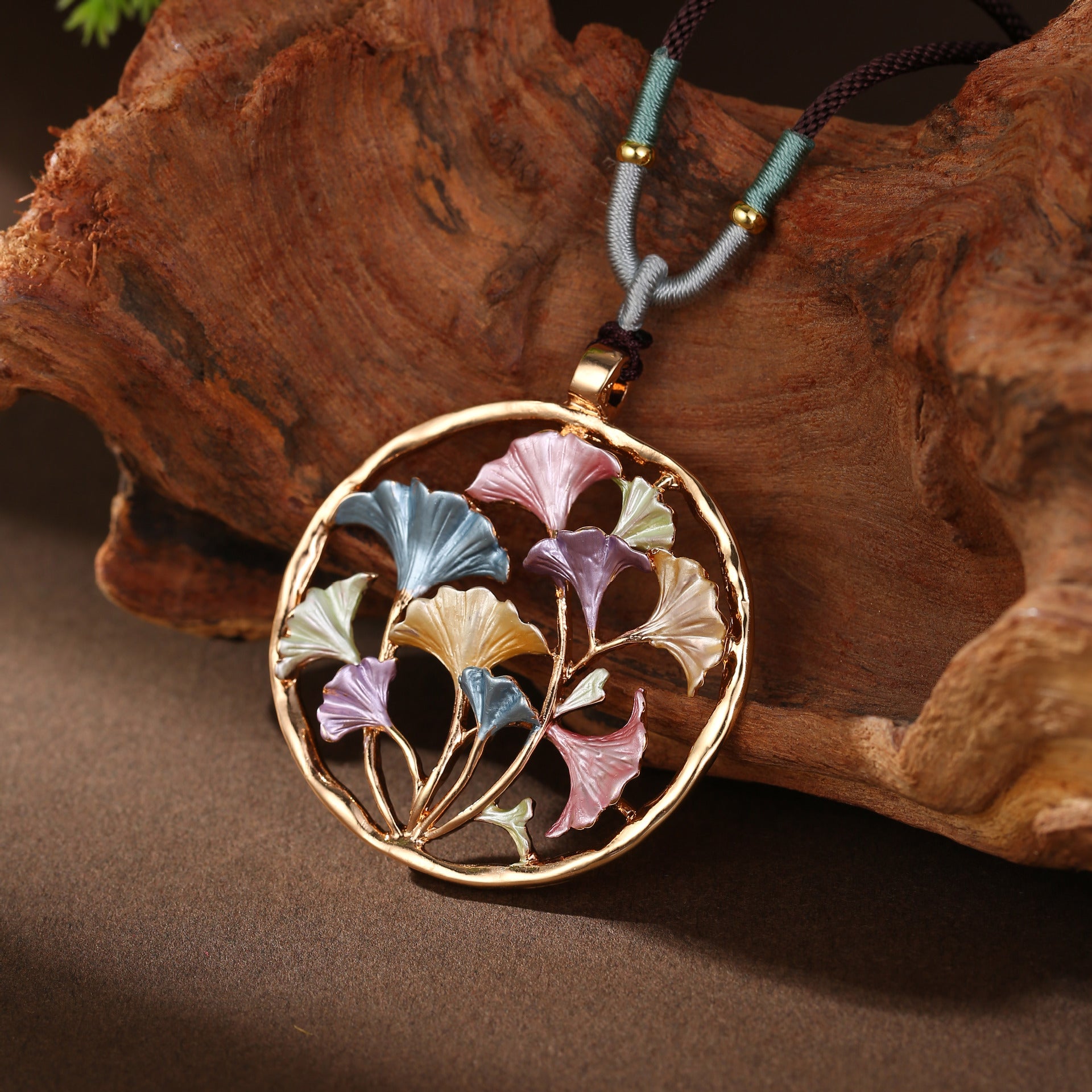 Wholesale  Round Hollow Color Painting Oil Ginkgo Leaf Woven Rope Long Necklace