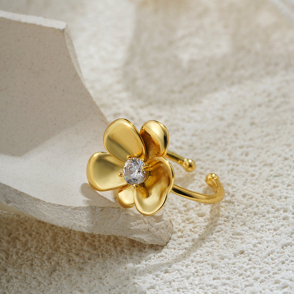 Wholesale 18K gold zircon flower ring open ring camellia earrings