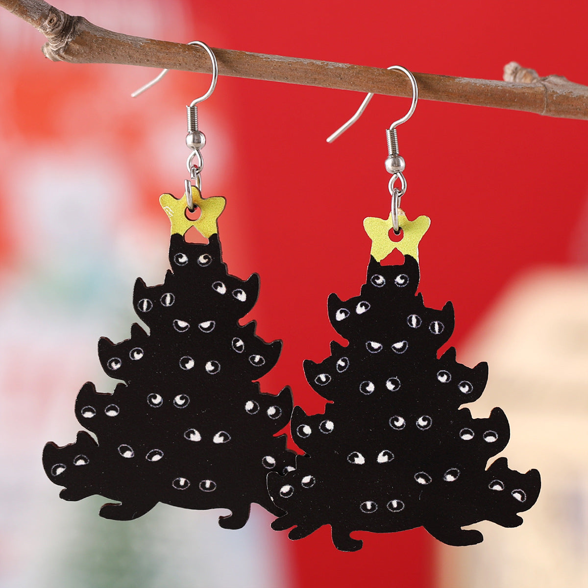 Wholesale Christmas Lantern Black Cat Christmas Tree Pendant Earrings Wooden