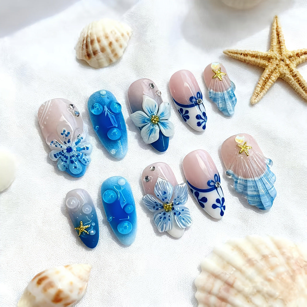 Wholesale 30Pcs Sweet Mermaid Beach Press On Nails With 3D Pearls Starfish Shells Almond Shaped DIY Manicure Set For Women