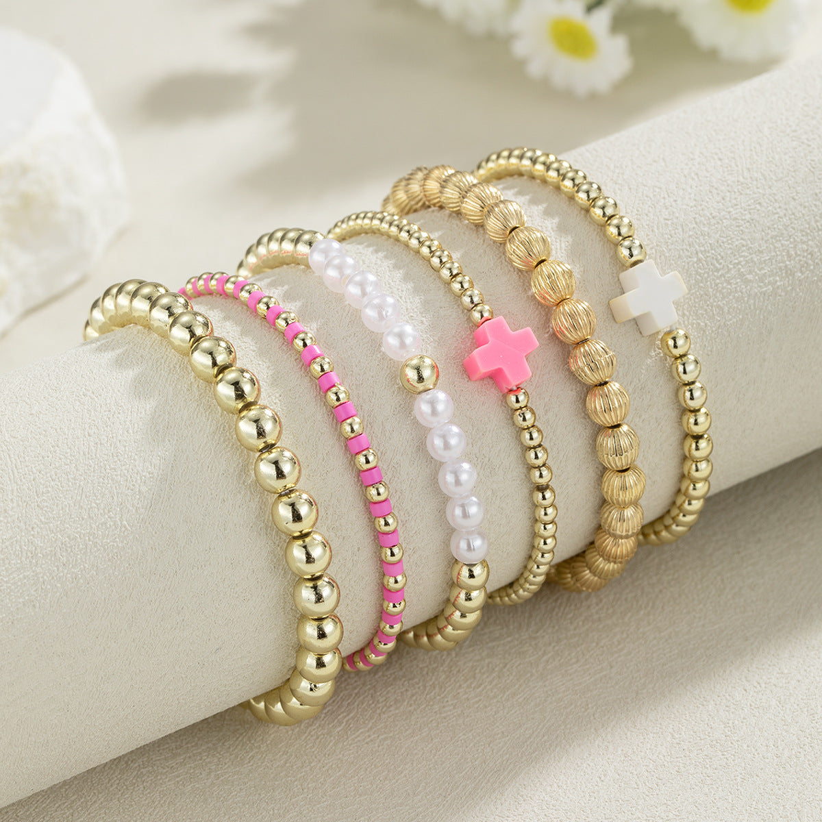 Wholesale  resin cross pearl  soft ceramic beaded elastic bracelet