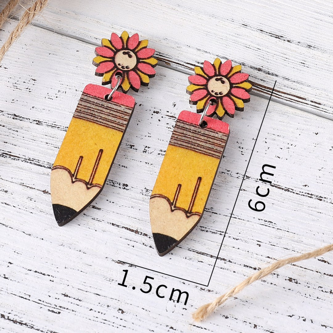 Wholesale Back to School sunflower pencil earrings graduation season wood earrings