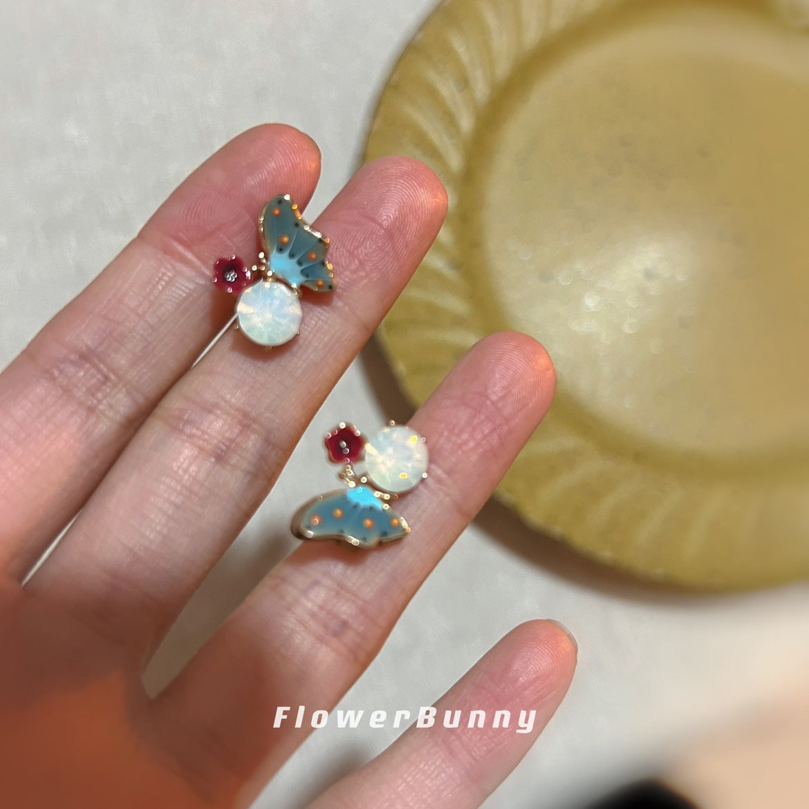 Wholesale oil painting enamel small butterfly s925 silver needle flower earrings