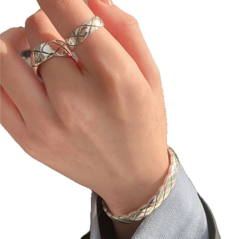 Wholesale S925 sterling silver thick and thin diamond Plaid open ring
