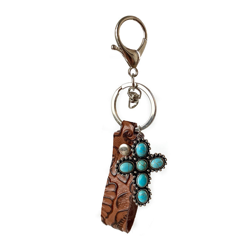 Wholesale Embossed Cowhide Leather Keychain With Turquoise Pumpkin Pendant Western Retro Style Key Ring Fashion Accessory