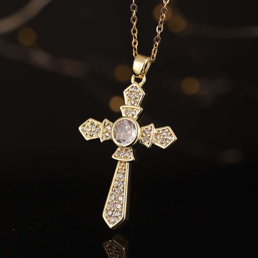 Wholesale Copper Electroplated Zircon Cross Pendant Necklace For Women Fashion Jewelry Accessory Gift