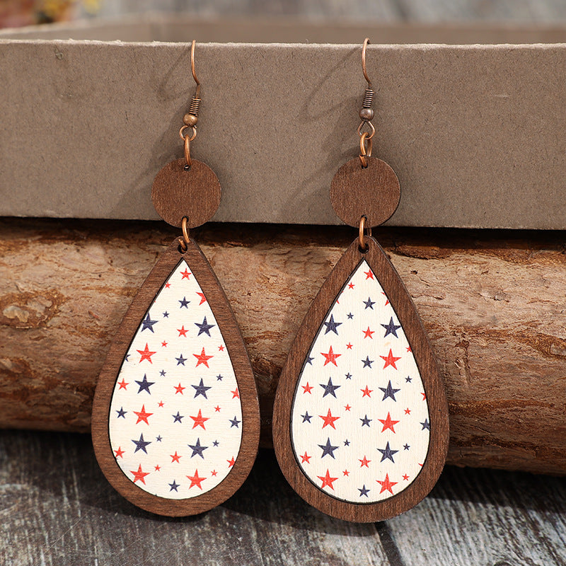 Wholesale American Independence Day teardrop-shaped five-pointed star vintage wooden earrings
