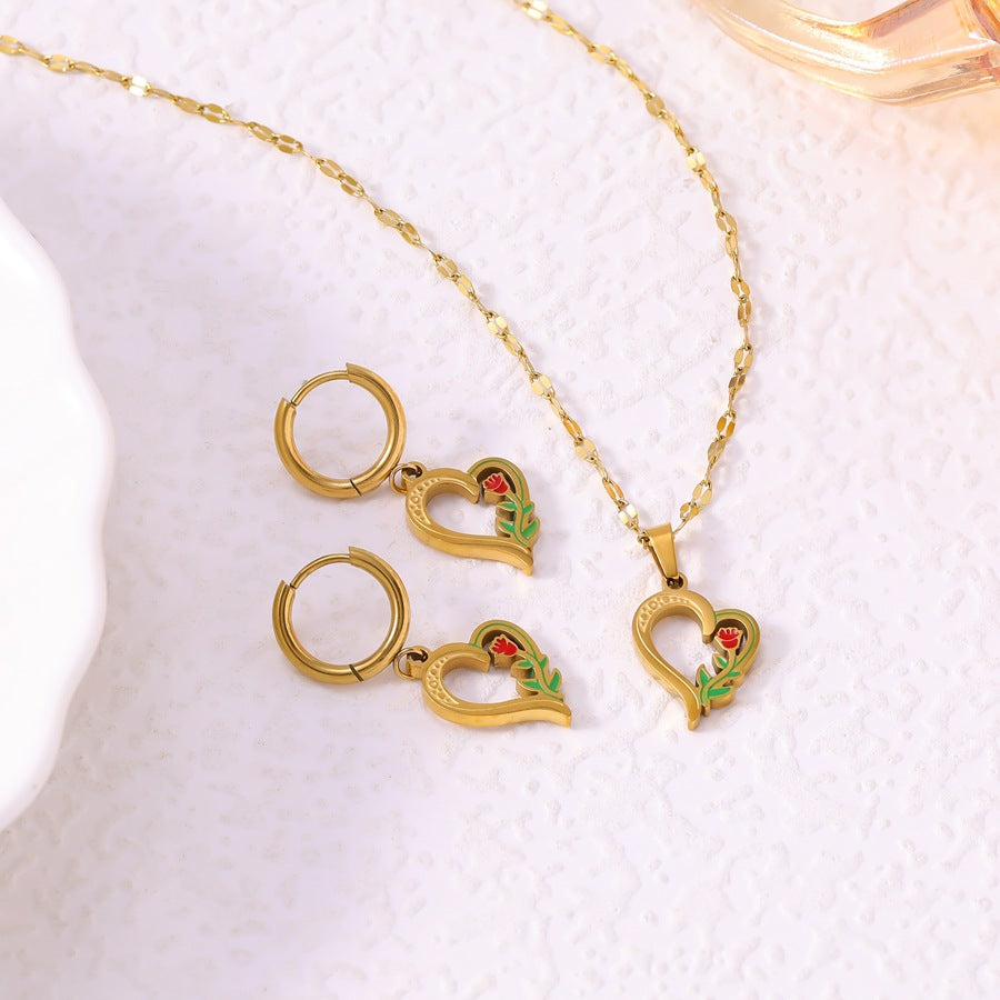 Wholesale Heart Rose Enamel Jewelry Set Women' s 18K Gold Texture Necklace Earrings Jewelry