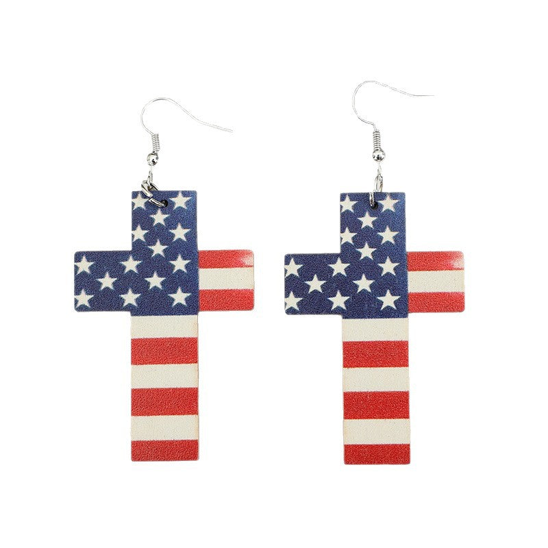 Wholesale Wooden American Flag Cross and Five Pointed Star Earrings