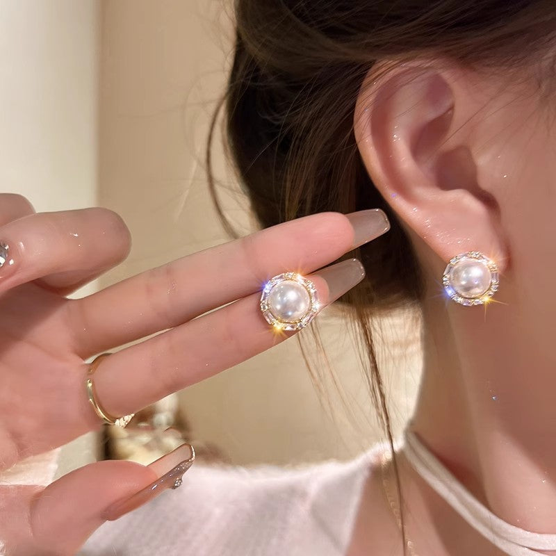 Wholesale  Versatile Pearl Zircon Earrings s925 Silver Needle Earrings