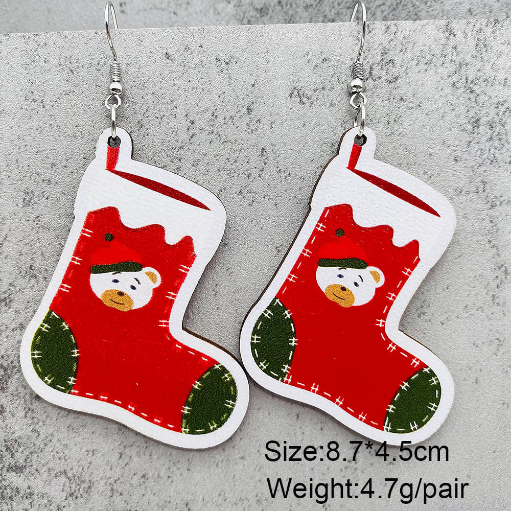 Wholesale Christmas Santa Claus Christmas Stocking Elk Wood Earrings ACC-ES-ChenY055