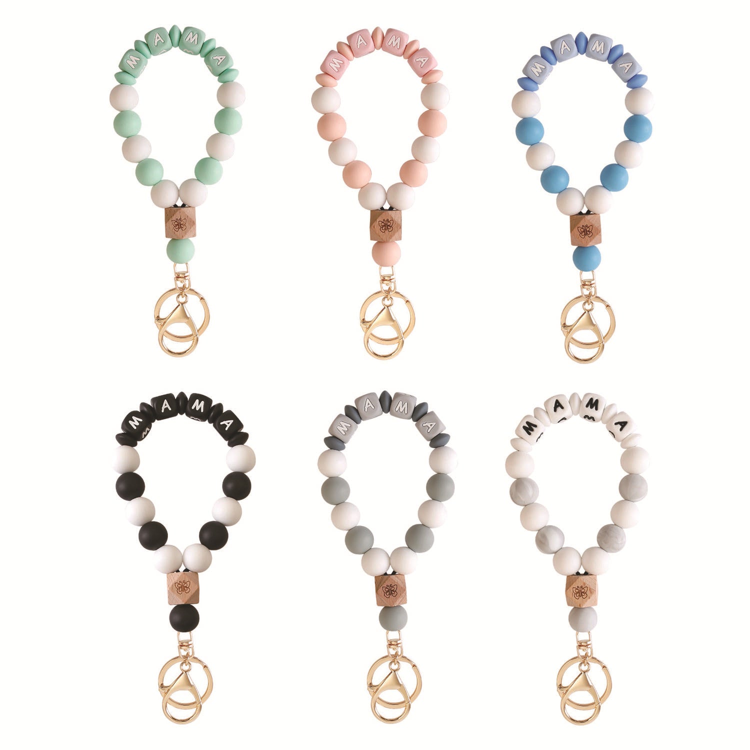 Wholesale MAMA Silicone Bracelet Keychain Butterfly Wooden Beads Beaded Mother's Day Keychain Wristlet Keychain ACC-KC-Jinz002