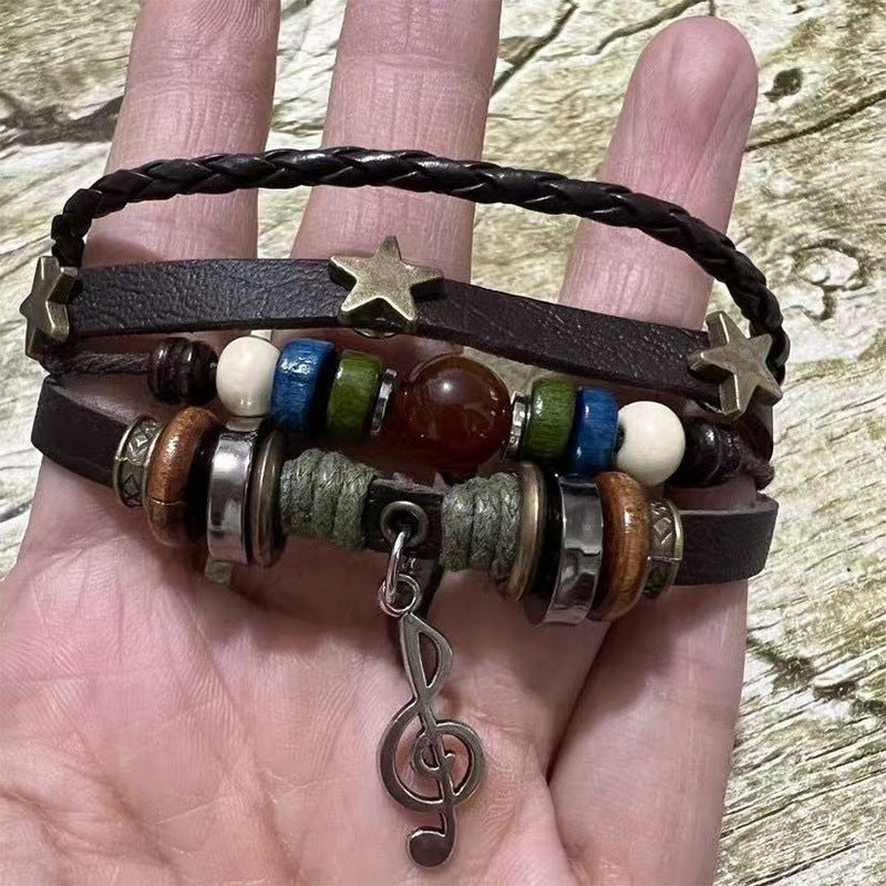 Wholesale Folk Style Woven Leather Bracelet with Beaded Charms,  Unisex Adjustable Jewelry Accessory