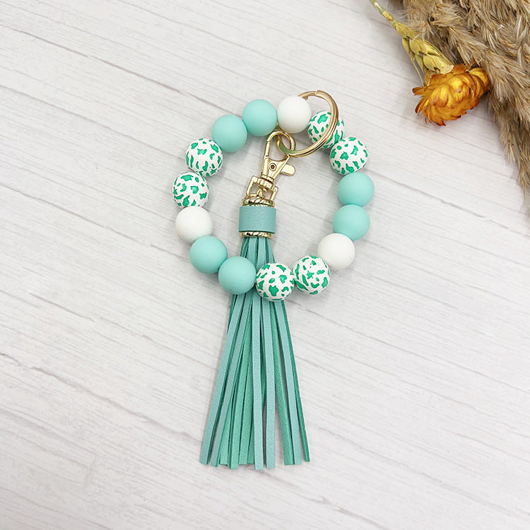 Wholesale Western Style Cow Pattern Wood Beads Silicone Beads Beaded Keychain ACC-KC-JiuYa008