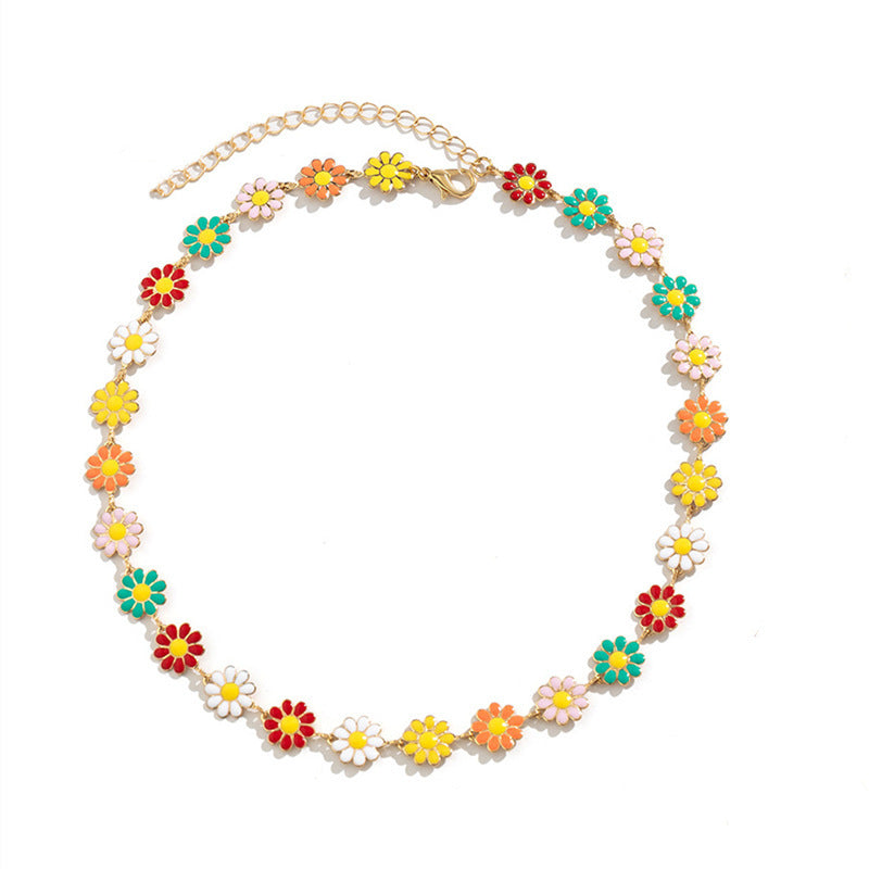 Wholesale European and American Cross-Border Bohemian Style Oil Dripping Small  Flower Clavicle Chain Necklace Women' s Flower Painted Oil Dripping Necklace