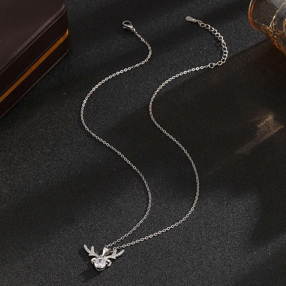 Wholesale Moissanite Christmas Deer Pendant Necklace Silver Tone Trendy Women S Fashion Jewelry Accessory Boutique Resale