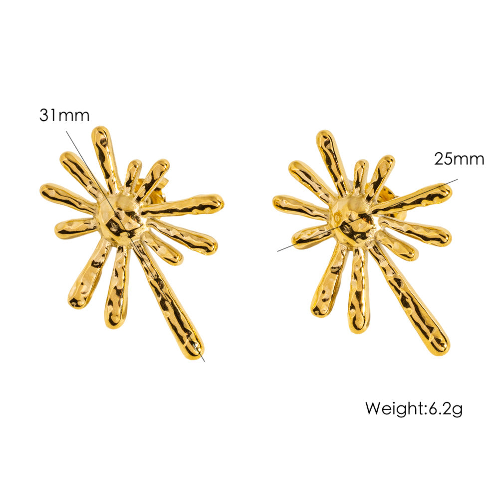 Wholesale Stainless Steel 18K Golden Sun Radial  Exaggerated Personality Necklace Earrings suit