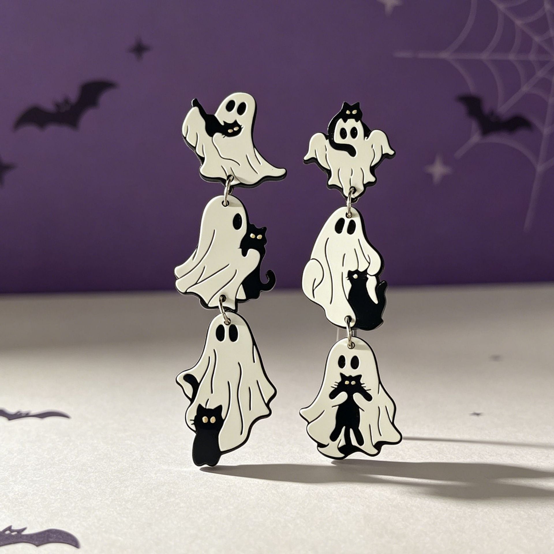 Wholesale Acrylic  Earrings Cute Ghost Black Cat Triple Print Jewelry Accessory For Party Gift Boutique Resale