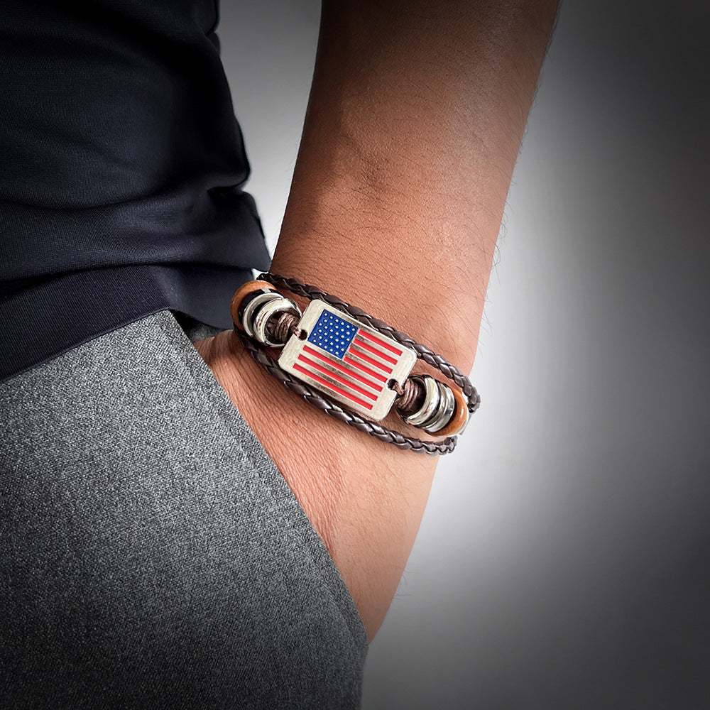 Wholesale Handmade Cowhide Leather Braided Bracelet Retro Flag Design Unisex Fashion Jewelry Gift