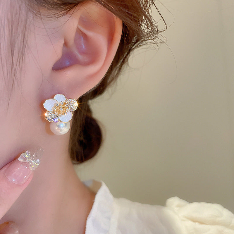 Wholesale  Zircon Flower Pearl 925 Silver Earrings Light Luxury Earrings