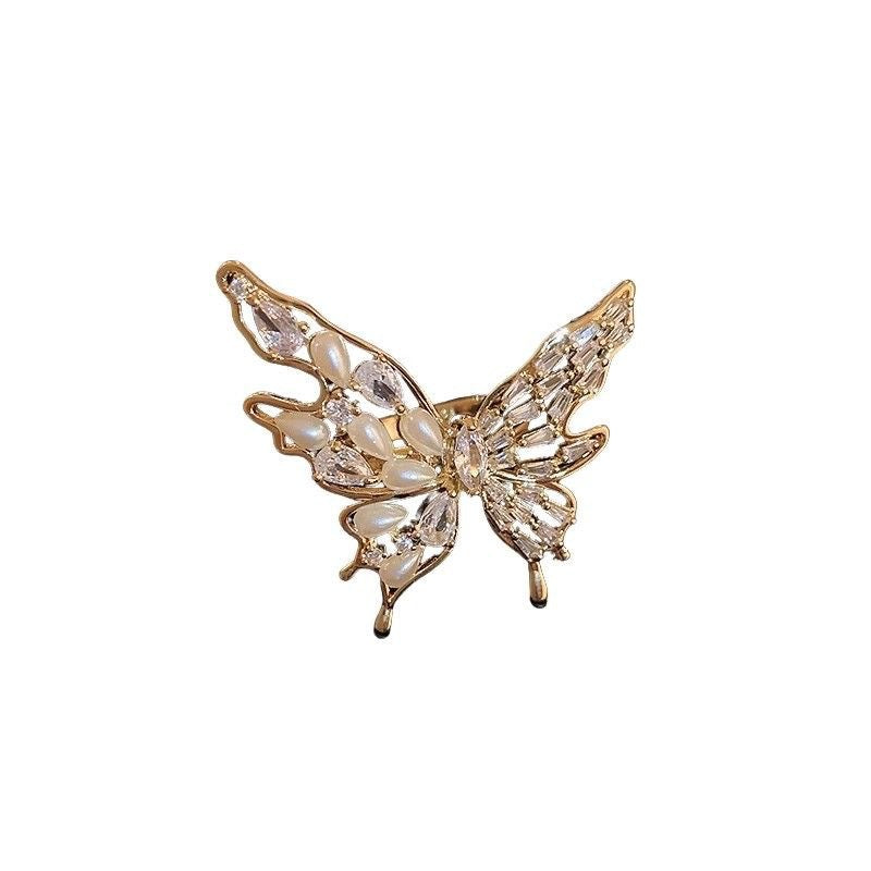 Wholesale Autumn and Winter Light Luxury Zircon Butterfly Pearl Open Ring Elegant Index Finger Ring Fashionable Versatile Ring Accessories