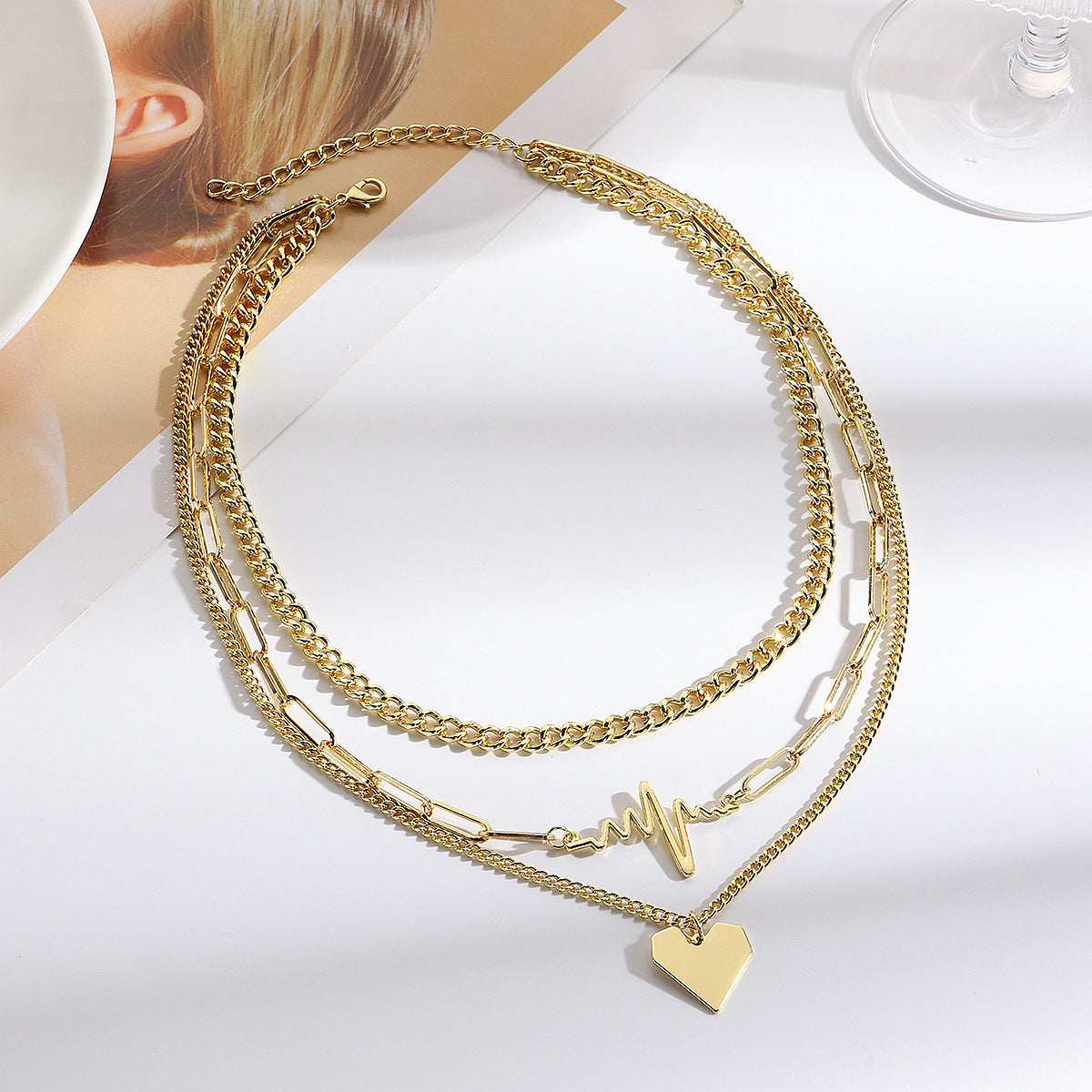 Wholesale Metal Heart Pendant Multi-layer ECG Love Necklace