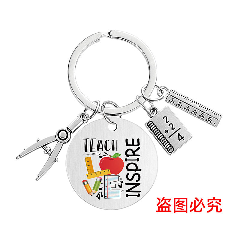 Wholesale Color Printing Gratitude Teacher Compasses Ruler Metal Keychain Holiday Gift Teacher's Day Pom Pom ACC-KC-Ganggu015
