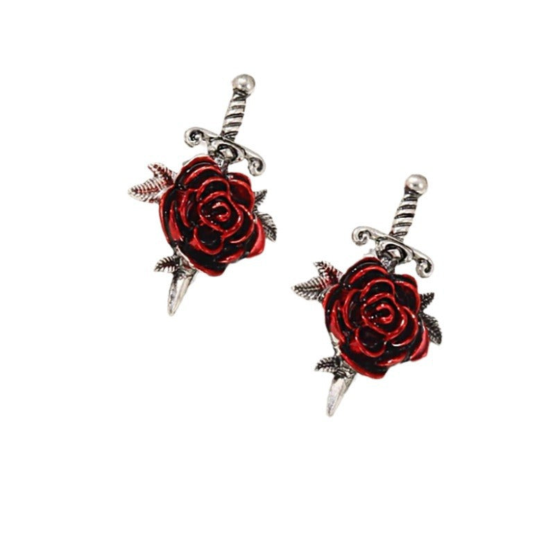 Wholesale Gothic Red Rose Ear Stud  Retro Cross Creative Earrings