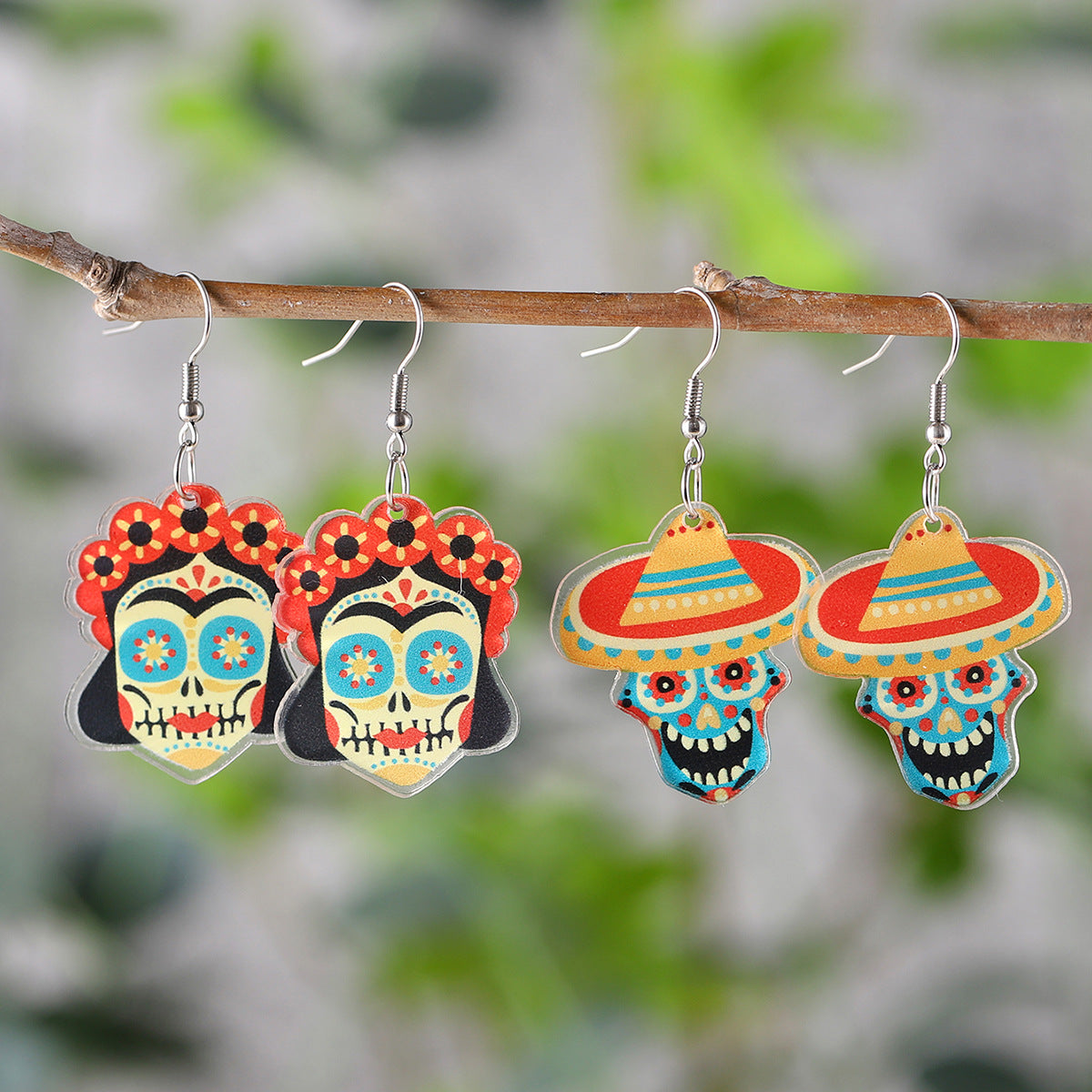 Wholesale Mexican Sombrero Marigold Skull Pendant Earrings