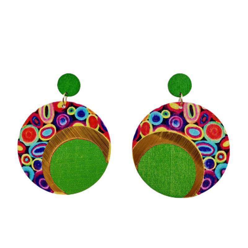 Wholesale Wooden Printed Round Colorful Large Earrings ACC-ES-FX016