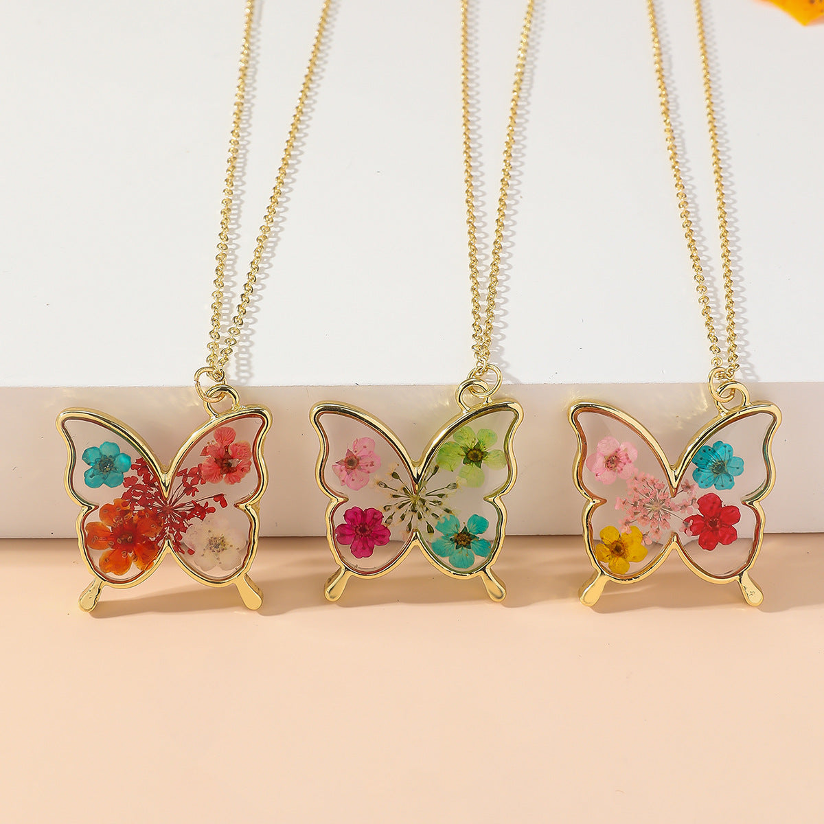 Wholesale Resin Butterfly &  Flower Necklace Dripping Glue Pendant Daily Wear Jewelry Accessory