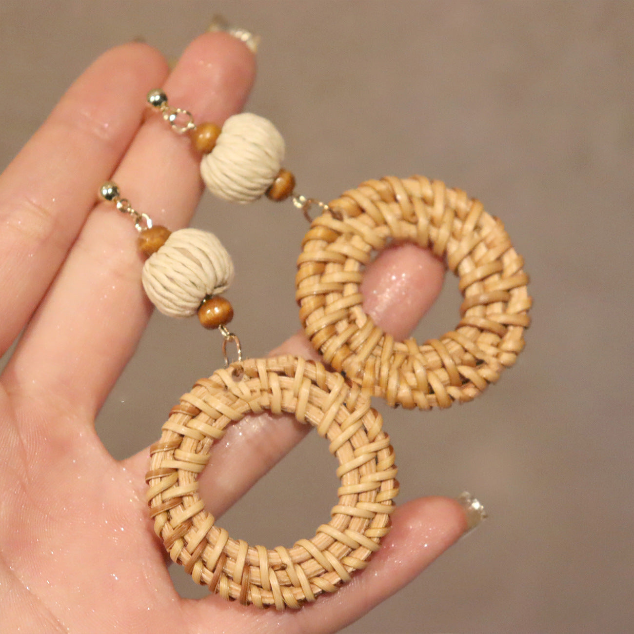 Wholesale Retro Forest-Style Handwoven Rattan Earrings — Summer Bohemian Vacation-Style Statement Jewelry ( Face-Slimming Effect)