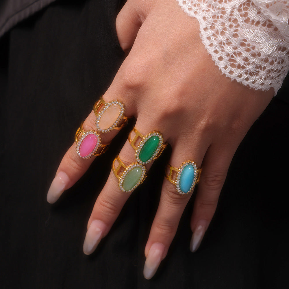 Wholesale Titanium Steel 3A zircon inlaid natural stone open ring