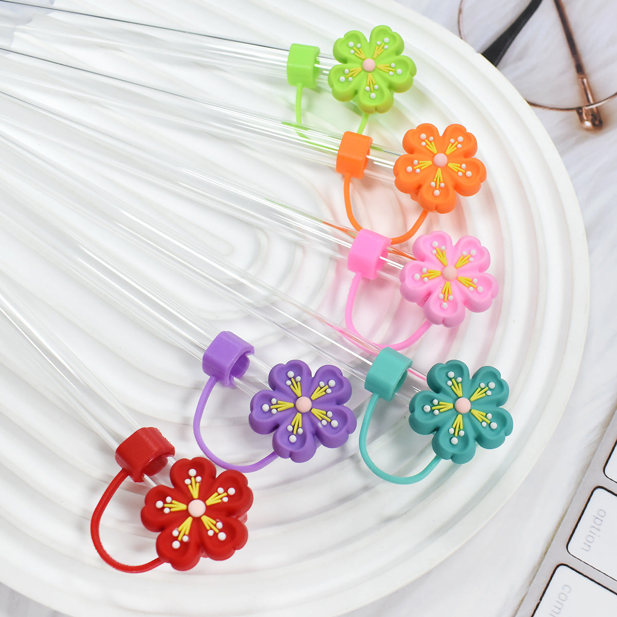 Wholesale   Random 100pcs three-dimensional flower 10mm PVC Soft Straw Tube Cap