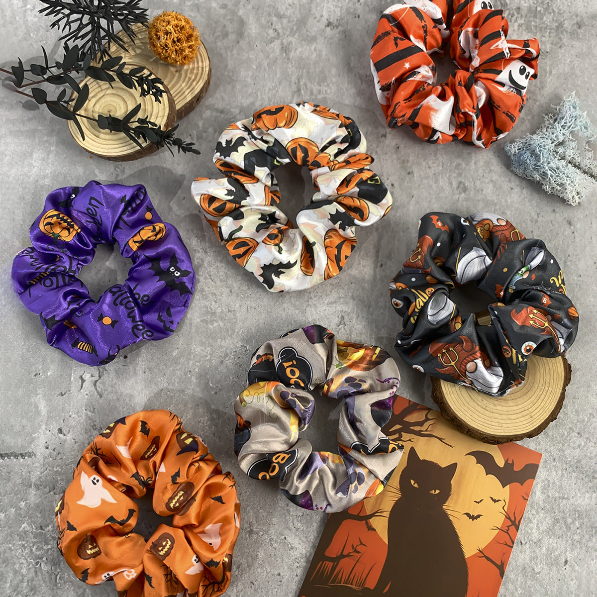Wholesale Halloween Skull Bat Pumpkin Print Hair Scrunchies ACC-HS-Mulin004